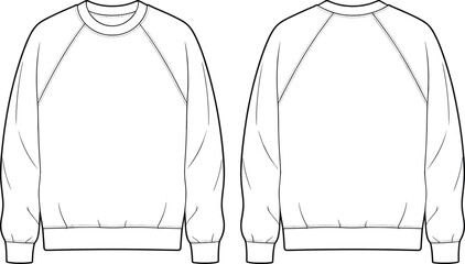 Blank White Raglan Sweatshirt Technical Flat Sketch Template, Vector Illustration of Front and Back View Crew Neck Pullover for Fashion Design © rakib's world