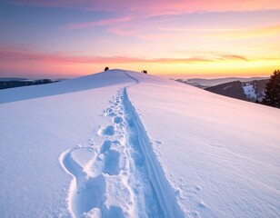 Snowy mountain path under pink sunset sky