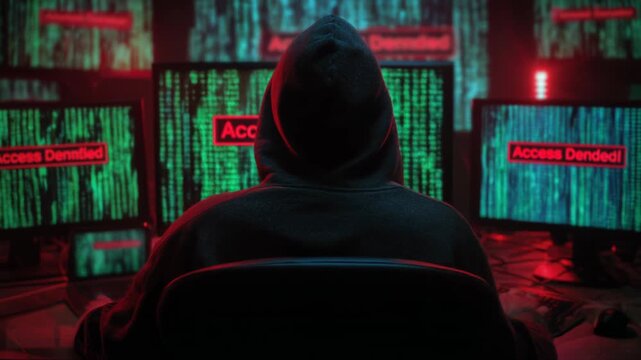 Anonymous hacker in hoodie breaches security from dark room. Green code cascades on computer screen showing access denied message during intense cyber attack on system