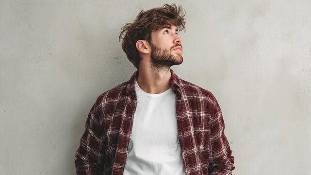 Pensive portrait of thoughtful young bearded man looking away indoors, dressed in casual flannel shirt, posing with serious expression against simple background