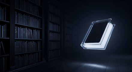 Abstract digital book hologram glowing in a dark library space, symbolizing virtual knowledge and interconnected information network background