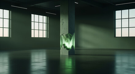 Green glowing abstract energy column inside dark industrial room background for digital data technology concepts