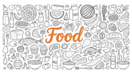 A vibrant collection of hand-drawn illustrations showcasing a diverse array of delicious food items, perfect for culinary and lifestyle content