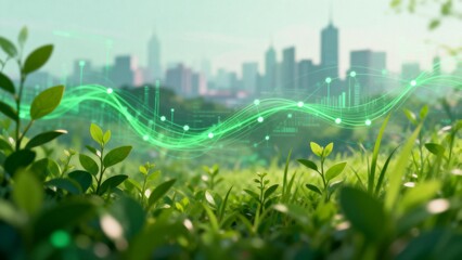 Green plants with city skyline in background