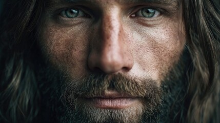 Fototapeta premium Close-up portrait of a man with striking green eyes and a rugged appearance