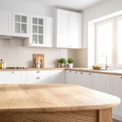 Bright, modern kitchen featuring a wooden countertop and white cabinetry