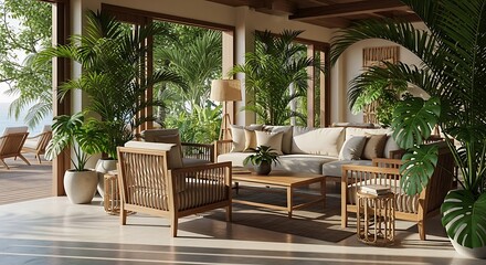 Outdoor patio furniture with tropical plants.