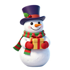 Cute snowman holding a gift box.