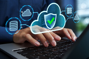 Secure access service edge SASE. Cloud-based network security. Secure data communication on internet. Businessman using SASE on laptop computer.