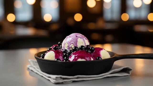 Delicious blueberry grunt dessert with ice cream in cast iron skillet on table in restaurant, served with sweet berry sauce.