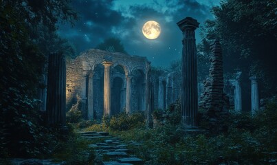 Naklejka premium Mysterious ancient ruins illuminated by the soft glow of moonlight, surrounded by dense foliage and creating a tranquil scene,