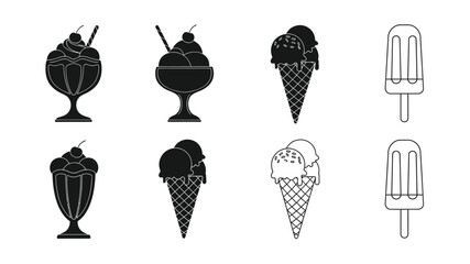 Variety of frozen desserts ice cream sundaes cones and popsicles depicted