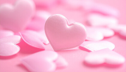 Fototapeta premium Soft Pink Fabric Hearts Scattered on a Pink Surface love valentine