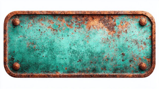 Weathered metal sign with rivets and aged patina against a white background