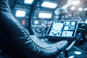 Sci fi cockpit interior with advanced orbital controls and digital display panel, drop pod seat in futuristic spacecraft, blue lighting, immersive technology
