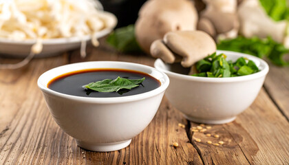 Soy sauce in a white bowl with fresh basil and ingredients on a wooden table condiment
