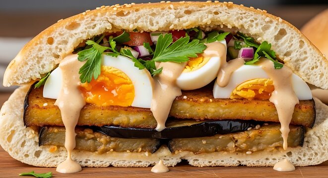 Delicious Israeli Sabich sandwich with fried eggplant hard boiled eggs and tahini sauce.