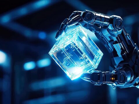 Robot hand holding crystal cube