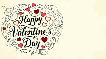 Elegant 'Happy Valentine's Day' greeting illustration with decorative swirls and charming hearts, perfect for romantic celebrations and expressing heartfelt affection