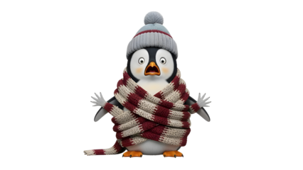 Cute 3D cartoon penguin character wearing a winter hat and scarf, looking shocked on white background