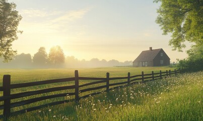 Peaceful countryside farmhouse surrounded by rolling green fields and a wooden fence, soft golden light at sunrise creating a serene rural atmosphere,