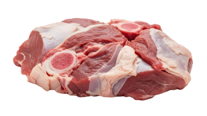 Large raw red meat cut with visible bone marrow isolated on white background.