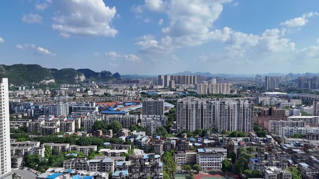 Aerial View of Liuzhou Guangxi Urban Residential Area with Mountains