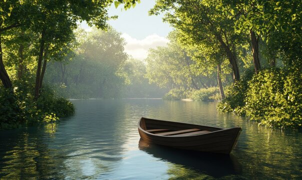 Peaceful riverside view with a small wooden boat floating on calm water, surrounded by lush green trees