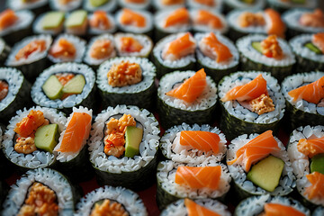 Fresh sushi rolls with vibrant fish and rice texture