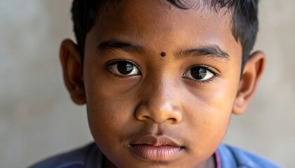 Intense gaze of a young Indian boy with a bindi.