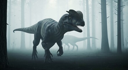 Tyrannosaurus Rex in misty forest landscape.