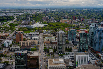 High angle view of Calgary skyline and residential district