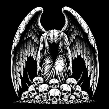 Dark Angel with Wings and Skulls Illustration.
