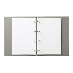 Open grey ring binder with blank white pages