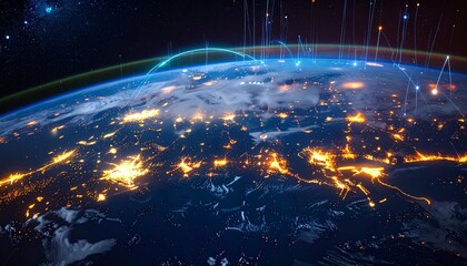 Earth’s curvature glows with city lights and blue arcs of data, symbolizing global connectivity, satellite networks, and the digital pulse of a planet linked through technology.
