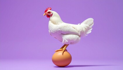 A white chicken balances atop a single brown egg against a solid purple backdrop—evoking surreal humor, visual tension, and playful symbolism in a minimalist twist on origin and balance.