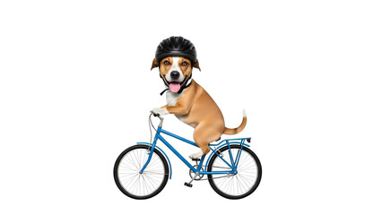Funny Dog Wearing Black Helmet Riding Blue Bicycle isolated PNG with Transparent Background