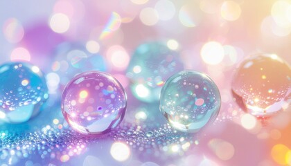 パステルカラーのカラフルなビーズ、ガラス玉の背景画像　きれいでかわいいグラフィックス素材　明るいスタジオ照明の反射光