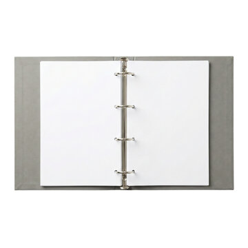 Open grey ring binder with blank white pages
