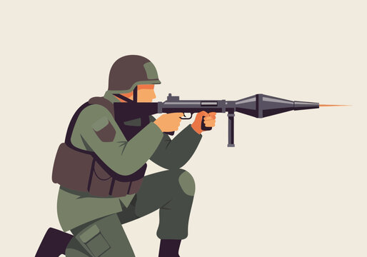 Soldier in uniform kneeling, aiming a rocket-propelled grenade launcher.