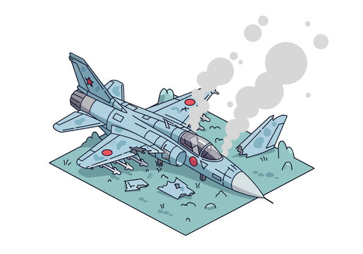 Crashed fighter jet with smoke rising from wreckage.