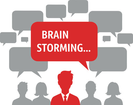 Brainstorming concept illustration with business team silhouettes and speech bubbles representing creative thinking, idea sharing, teamwork, discussion, and collaborative communication process - Powered by Adobe