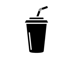 Simple black silhouette of a disposable cup with a straw, perfect for representing beverages and quick refreshment.