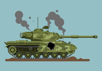 Damaged military tank emitting smoke from battle damage.