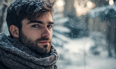 Portrait of a man in a cozy scarf, standing in a snowy forest with soft natural light highlighting his rugged features and serene expression,