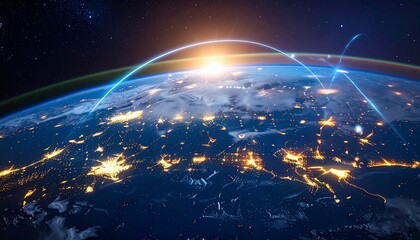 Earth’s curvature glows with city lights and blue arcs of data, symbolizing global connectivity, satellite networks, and the digital pulse of a planet linked through technology.