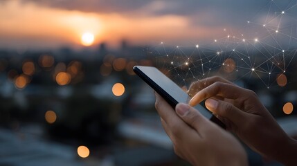 Hands touching a smartphone screen with digital network connections at sunset over a city
