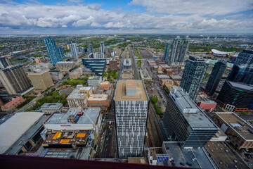 Aerial view of downtown Calgary skyline and rail corridor
