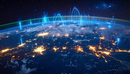Earth’s curvature glows with city lights and blue arcs of data, symbolizing global connectivity, satellite networks, and the digital pulse of a planet linked through technology.