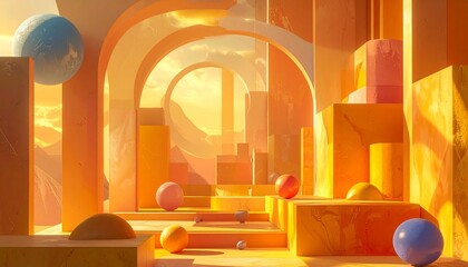 Golden light bathes surreal archways and colorful spheres in a geometric corridor, evoking dreamlike depth, abstract wonder, and vibrant harmony in a fantastical architectural landscape.
